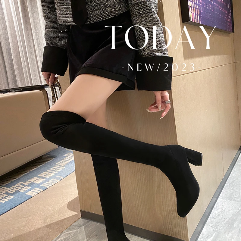 【尖头】显瘦显高过膝长靴女2024秋冬高跟长靴粗跟不掉筒弹力瘦瘦靴