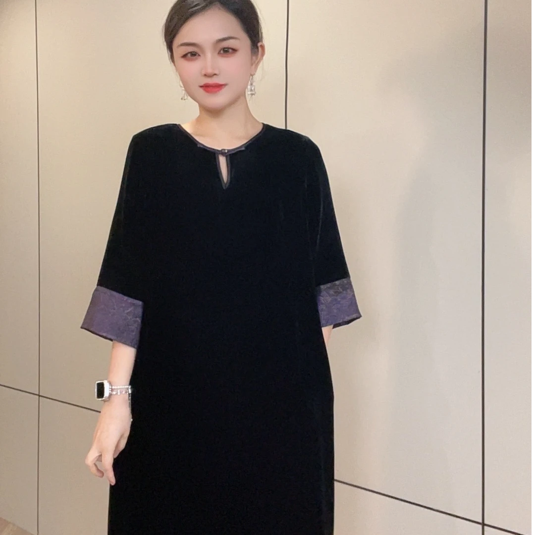 YS012紫袖袖口真丝丝绒气质休闲桑蚕丝连衣裙m110