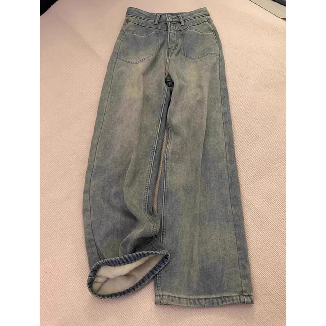 2024新款春秋美式复古加绒直筒牛仔裤女秋冬季小个子窄版阔腿长裤