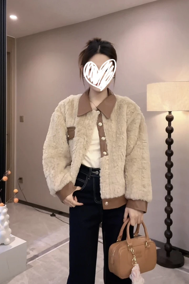 皮毛一体外套女2024冬季新款女装羊羔毛小个子拼接外套003