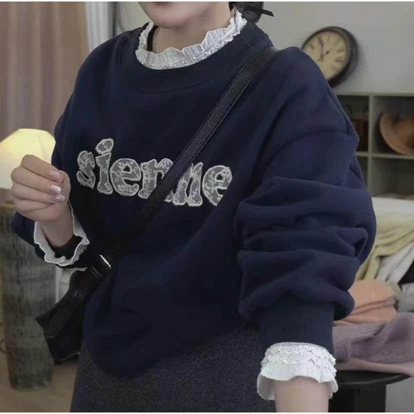 X1设计感拼接蕾丝加绒加厚刺绣卫衣女早春2025新款藏蓝色上衣8822