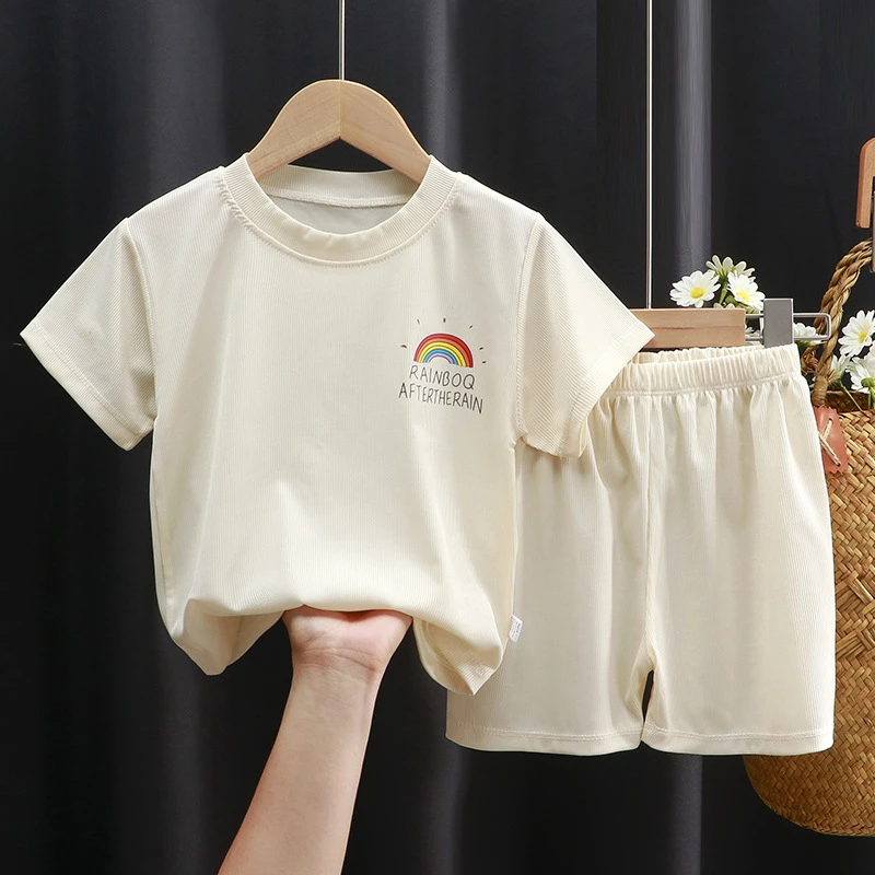 儿童夏季短袖短裤套装休闲冰丝半袖俩件套男女宝宝洋气薄款中大童