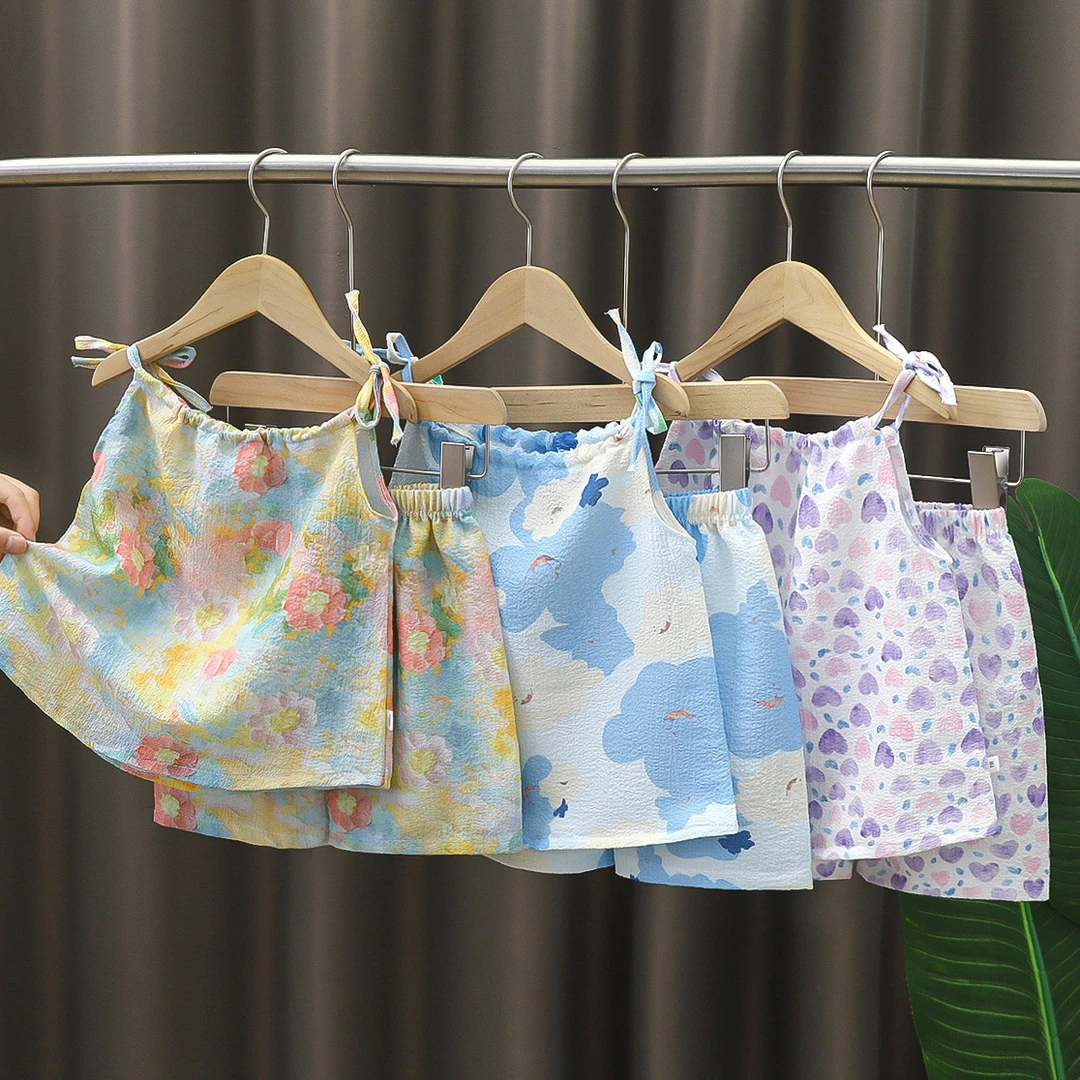 新款夏季女童油画风吊带两件套可爱甜美公主女宝薄款夏装裙裤套装