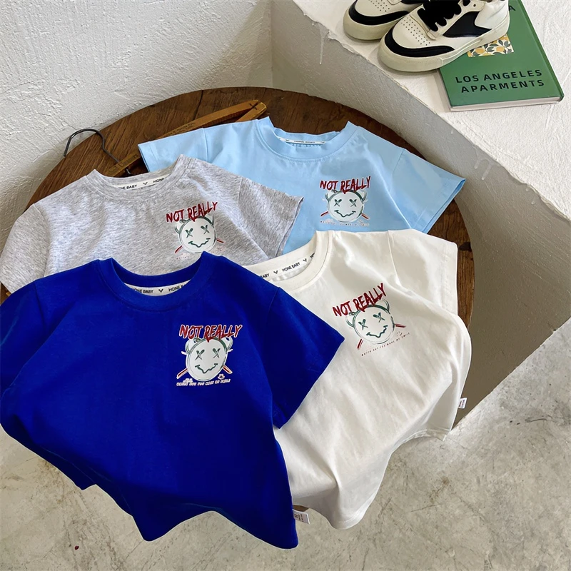 男童女童夏装衣服儿童纯色短袖t恤印花半袖宽松中小童洋气打底衫