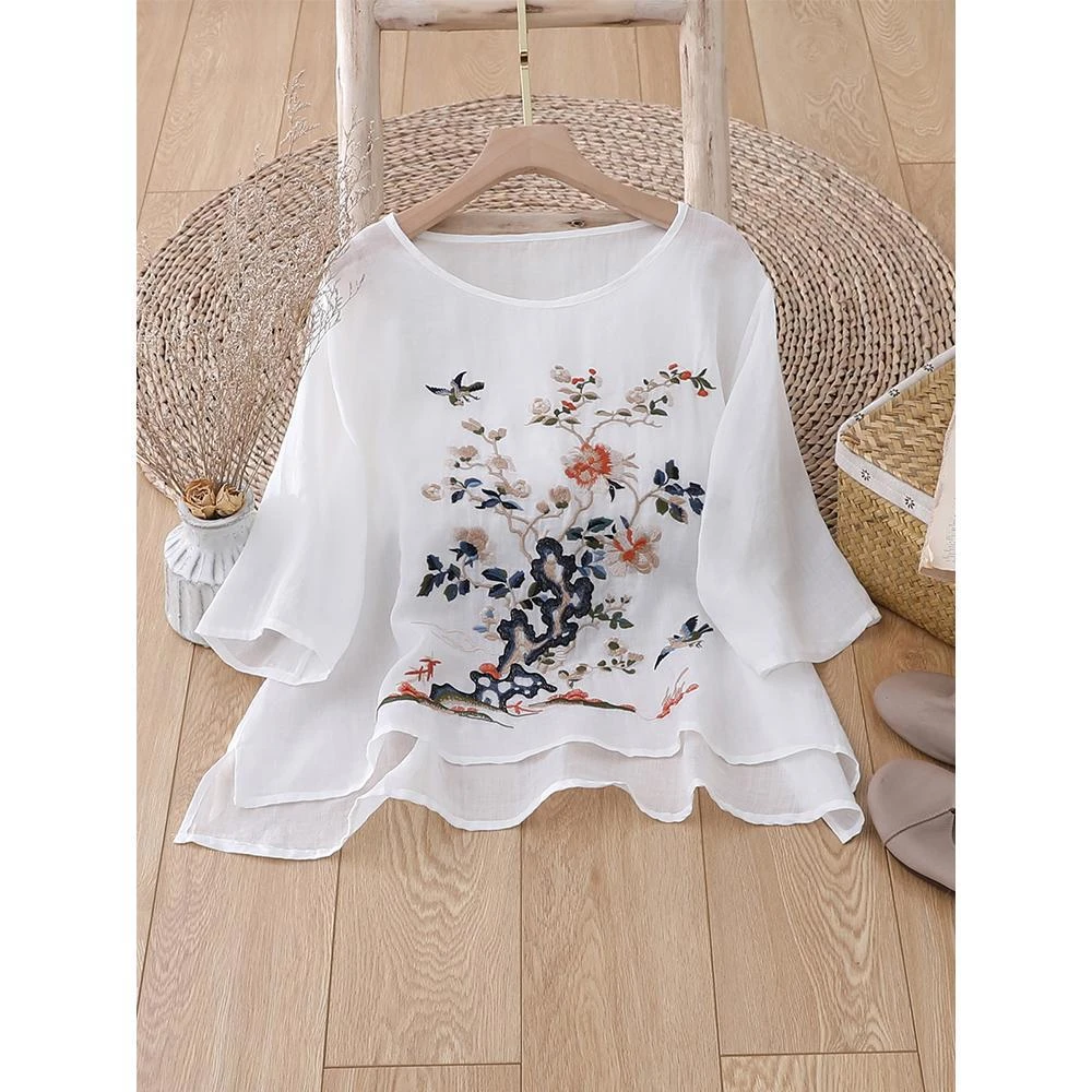 优雅绣花苎麻T恤衫女上衣春装新款复古重工刺绣圆领禅意衬衫女装