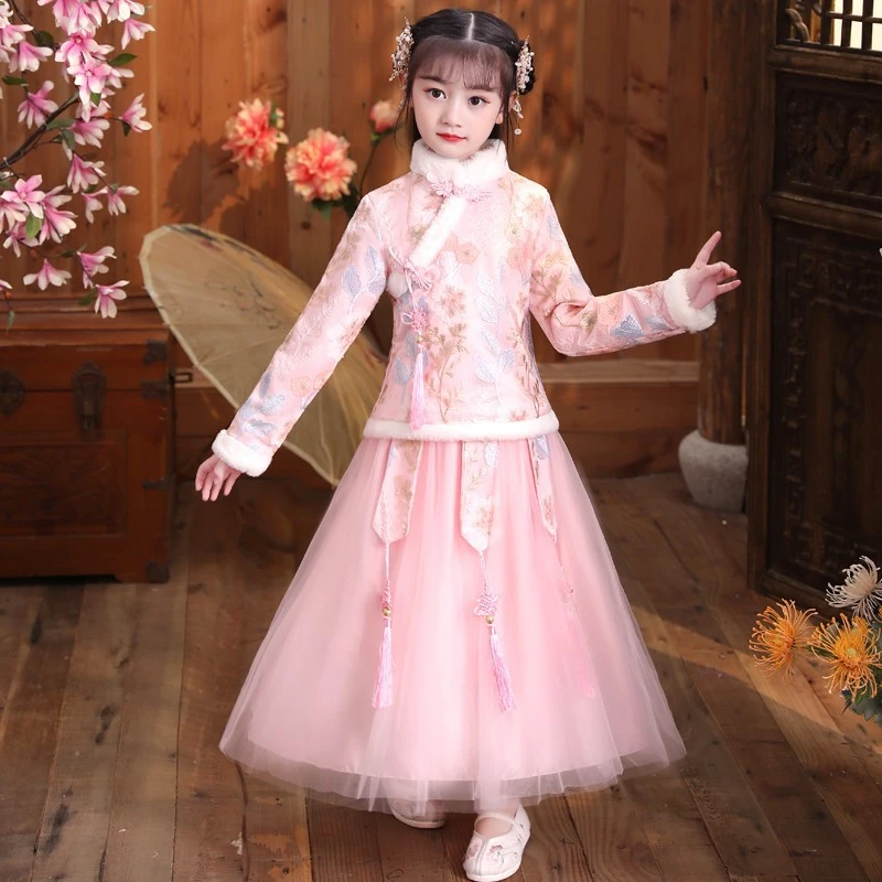 汉服女童冬季唐装汉服中国风儿童古装加厚女孩拜年服加绒裙子冬装