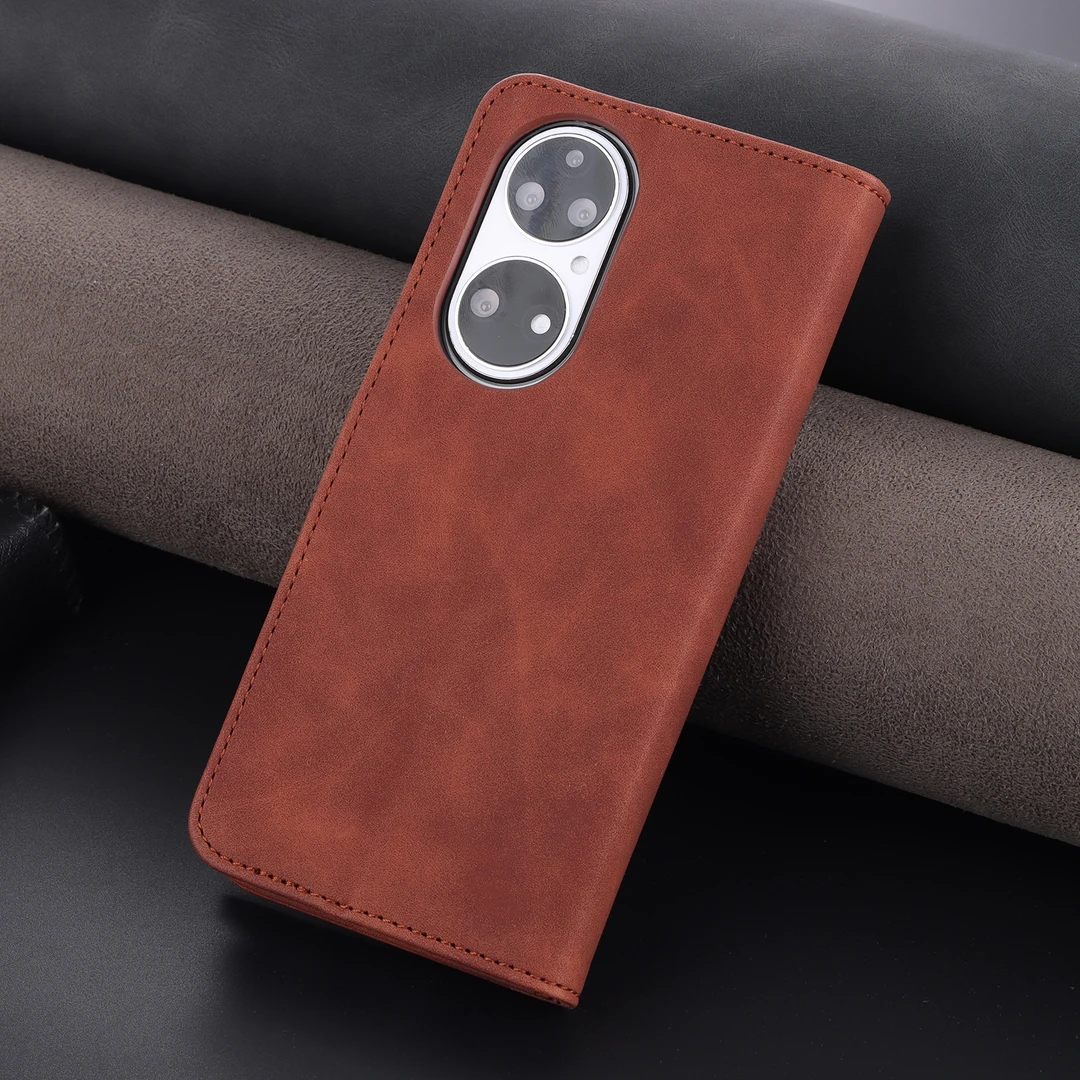 华为P50翻盖式手机壳皮套高档商务皮纹不粘指纹双面磁扣卡袋钱袋