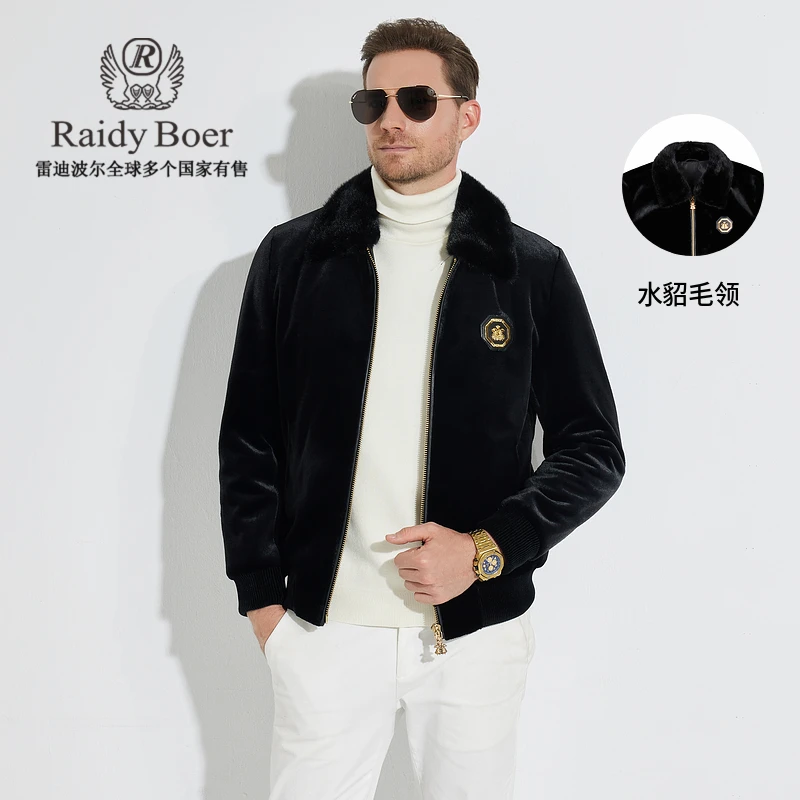 【金丝绒+水貂毛领】雷迪波尔秋冬男装休闲翻领刺绣夹克外套3033-70
