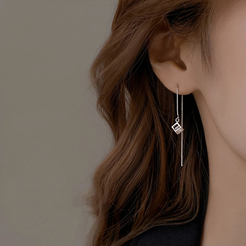 925银耳饰 魔方长款耳线女新款潮流苏耳环简约小众百搭银镀耳坠