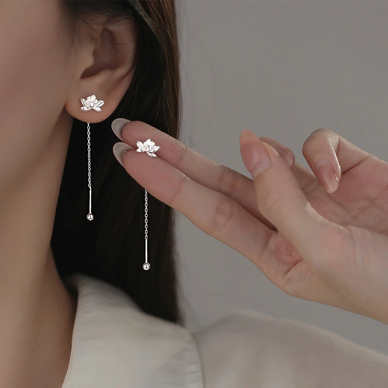 925银耳饰 莲花耳线女新款设计新中式国风时尚气质长款银镀耳饰