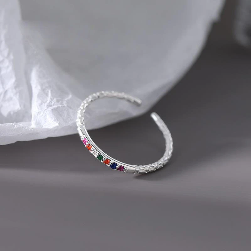 925银戒指 彩虹戒指轻奢小众设计高级感食指戒时尚个性素圈开口戒