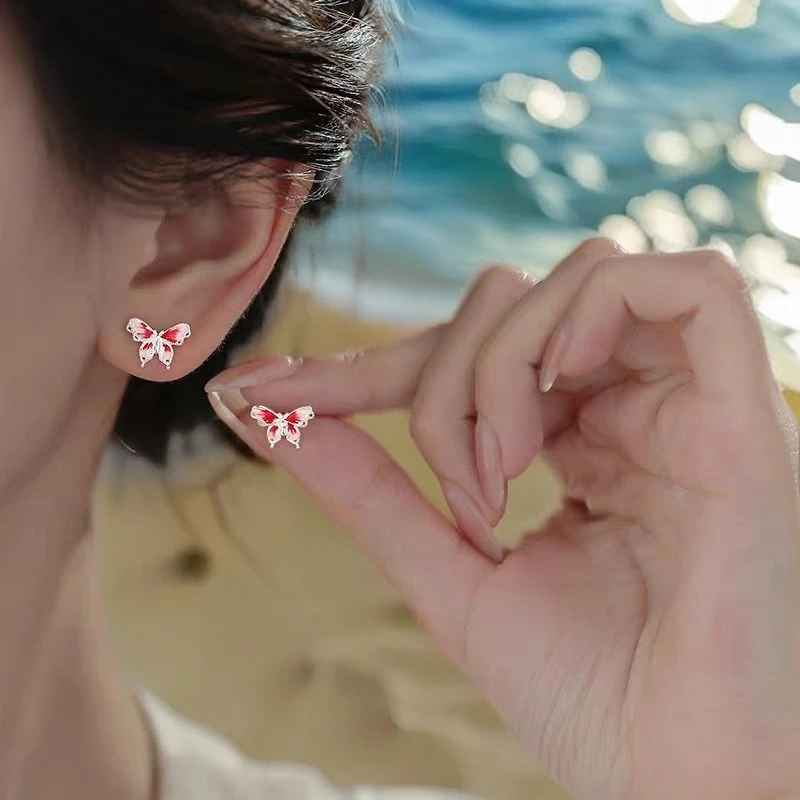 925银耳饰 珐琅蝴蝶耳钉女新年新款复古小众设计中式国风耳环耳饰