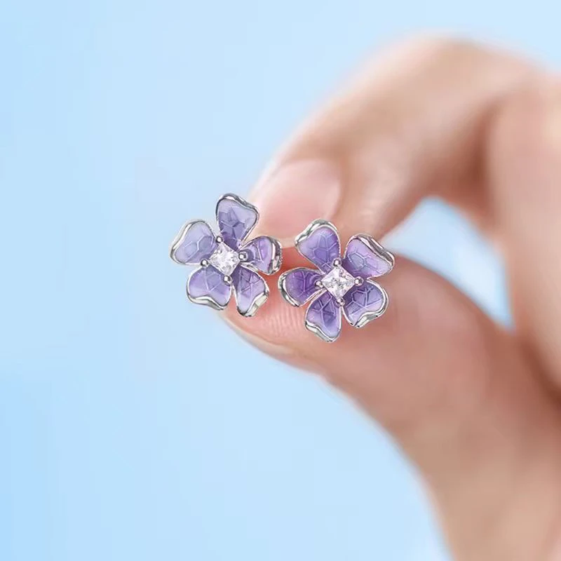 925银耳饰 蓝色鸢尾花耳钉女气质高级花朵耳环耳饰