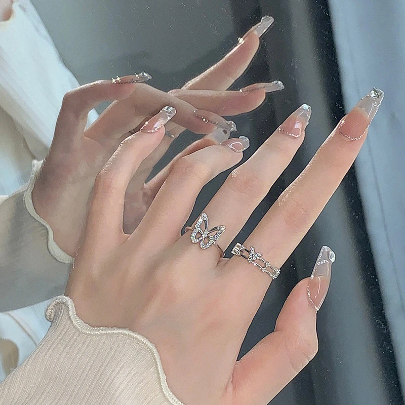 925银戒指 蝴蝶双层戒指轻奢闪钻冷淡风开口戒子简约小众设计指环