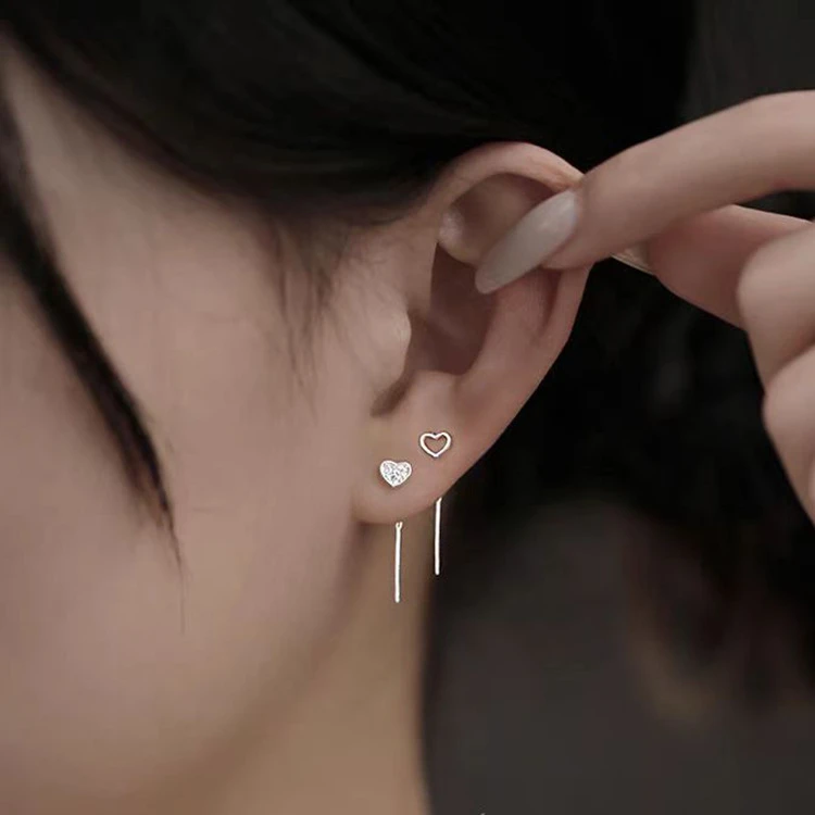 925银耳饰 不对称爱心耳线简约轻奢小众设计高级感银镀耳坠