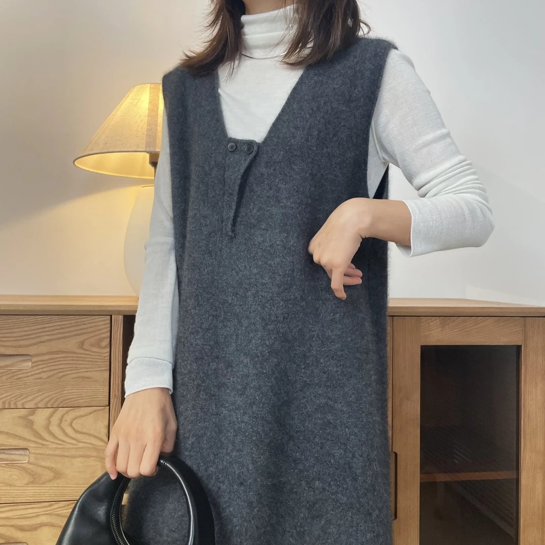 中长款宽松针织无袖连衣裙女士2022秋冬新款加厚背心裙毛衣打底裙