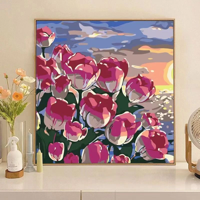 郁金香数字油画diy填充油彩画简单手工涂色丙烯画减压卧室装饰画