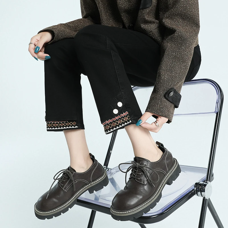 新中式黑色九分牛仔裤女2024年秋季新款高腰显瘦直筒裤刺绣烟管裤