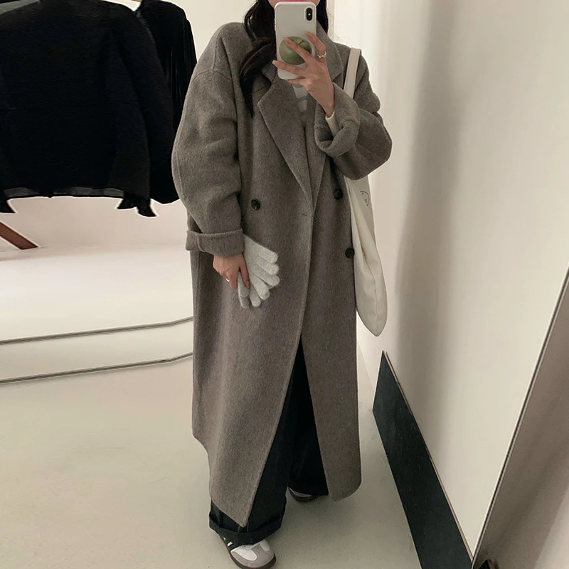 2025秋冬韩系经典高端双面羊毛大衣女廓形加长款宽松绵羊毛外套