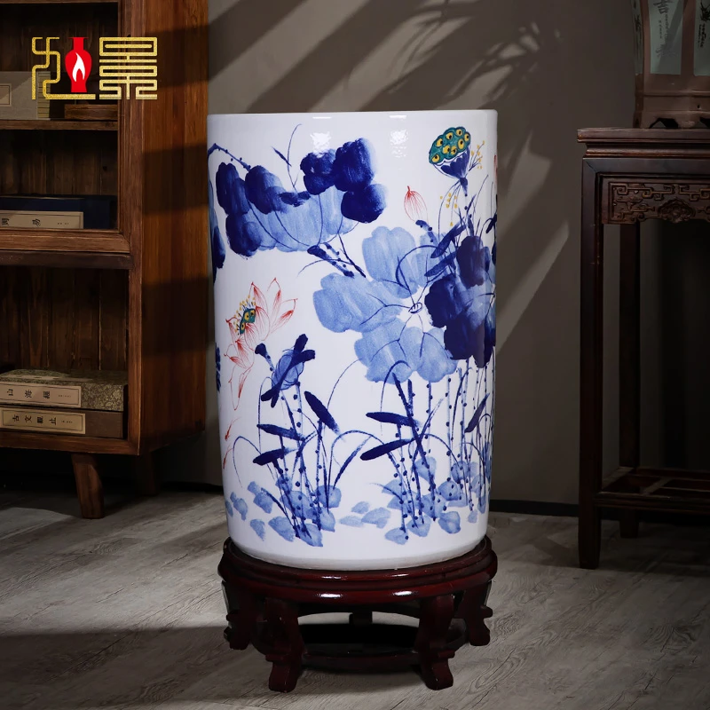 景德镇手工陶瓷书画缸落地花瓶字画卷轴缸和为贵收纳箭筒插花摆件