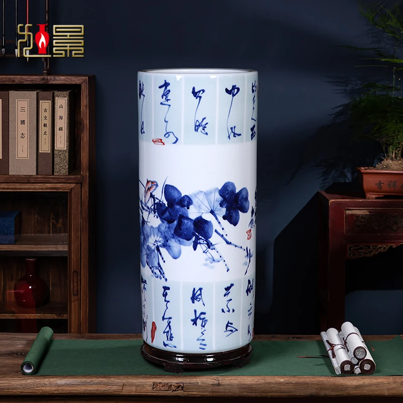 陶瓷器手绘青花瓷花瓶书画缸卷轴缸客厅书房落地箭筒字画桶收纳缸