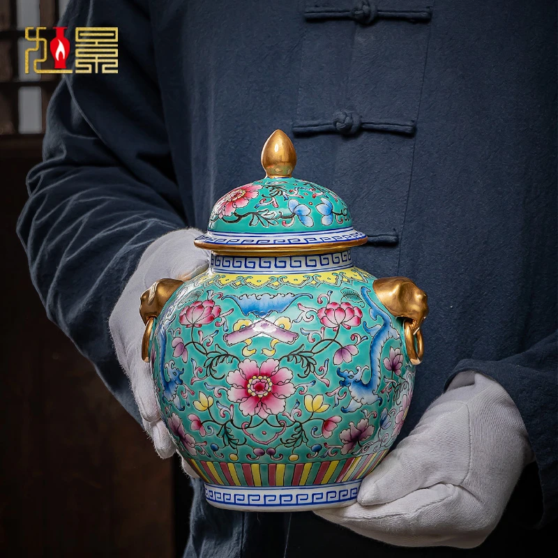 景德镇陶瓷花瓶狮耳将军罐摆件手绘珐琅彩描金茶叶罐客厅高档摆件