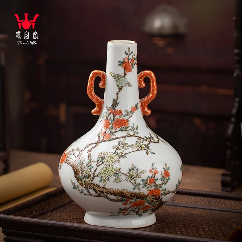 钟家窑景德镇陶瓷器花瓶手绘珐琅彩双耳插花瓶电视柜客厅小号摆件