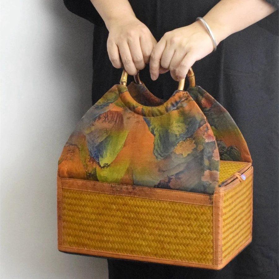 香云纱手工竹编茶具收纳包外出可携式茶壶茶杯袋加厚茶事包茶篮茶