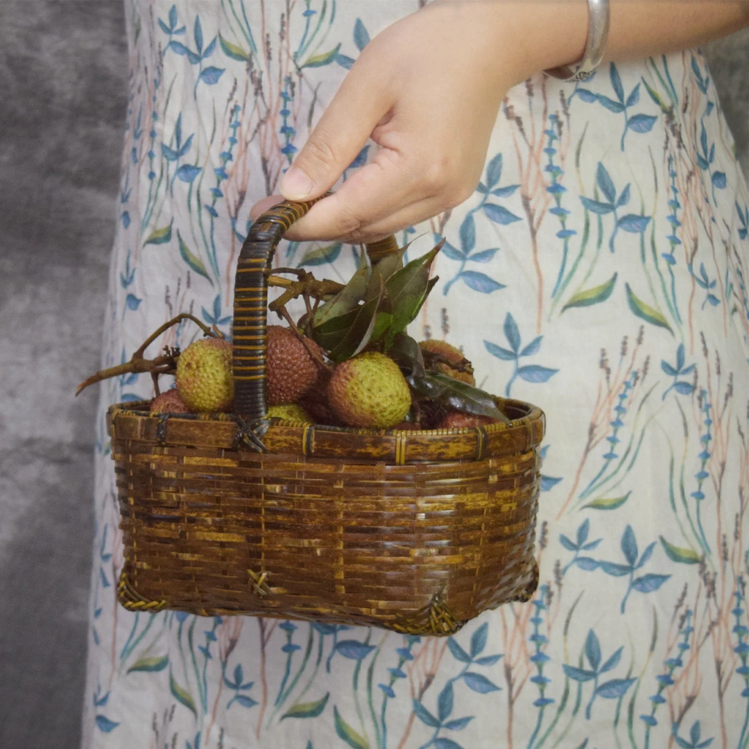 复古手提竹编水果篮子中式果盘零食盘糖果干果收纳手工编织茶点盘