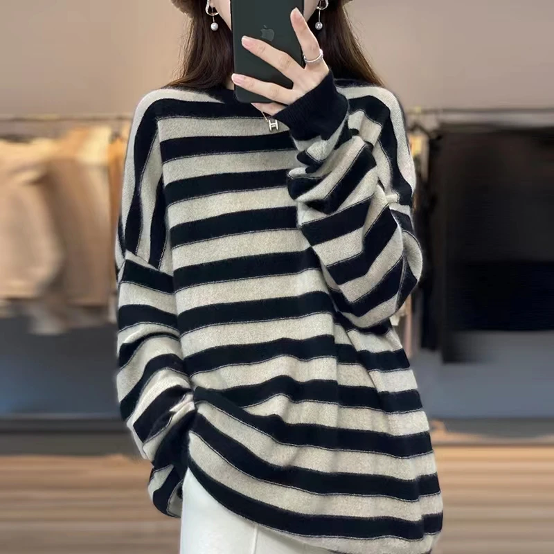 澳洲美利奴100%纯羊毛衫女毛衣宽松慵懒风条纹针织显瘦打底外穿潮