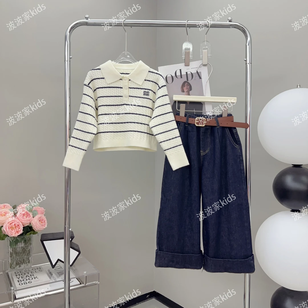 【波波家】2024秋季新款女童时尚休闲polo领条纹上衣+裤子—-Y2913