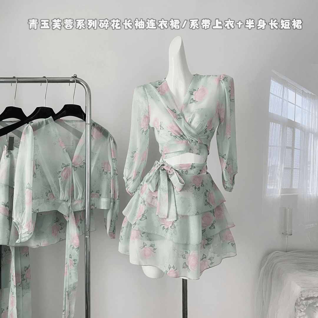 2024夏季青玉芙蓉系列碎花长袖连衣裙/系带上衣+半身长裙女