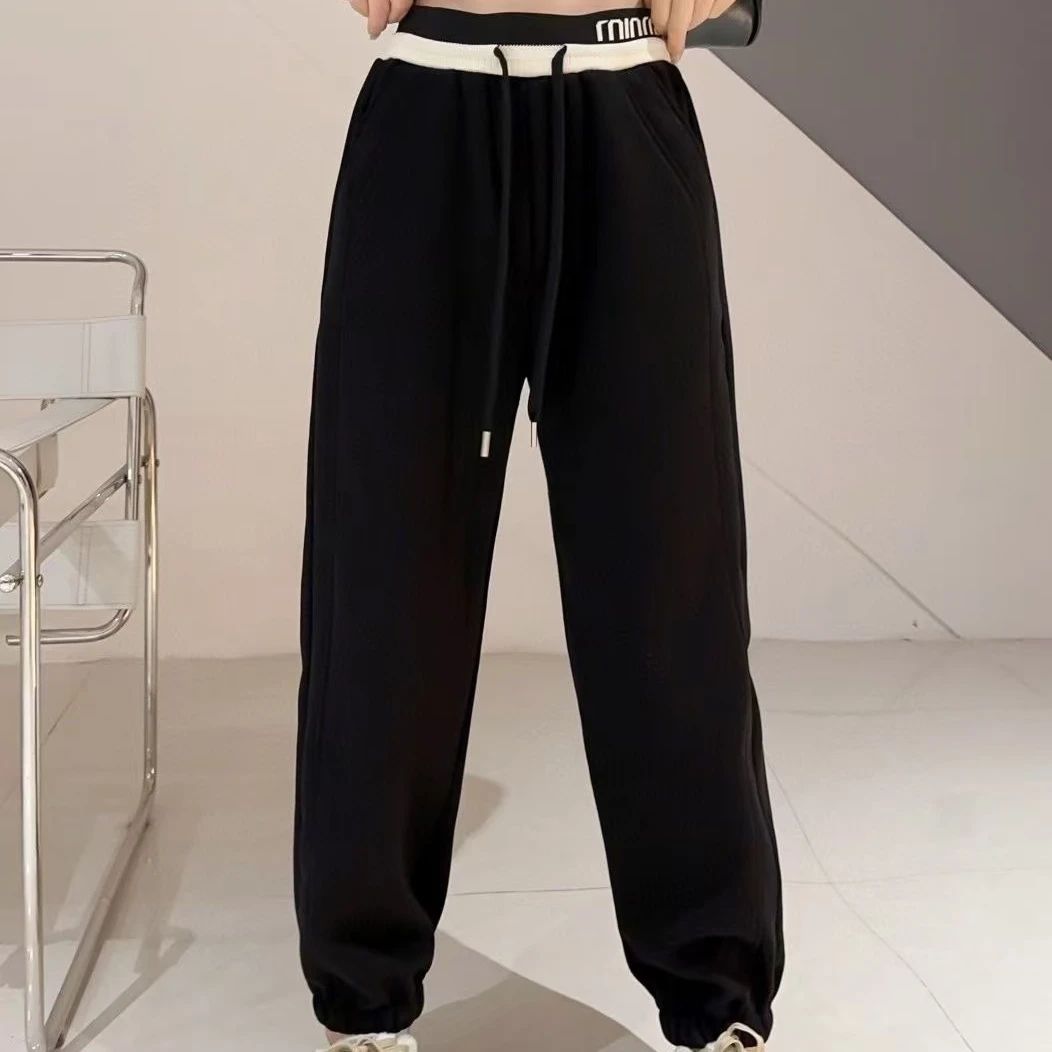 AHLIMA大码女装2024推荐款显瘦时尚松紧腰百搭加绒宽松休闲裤