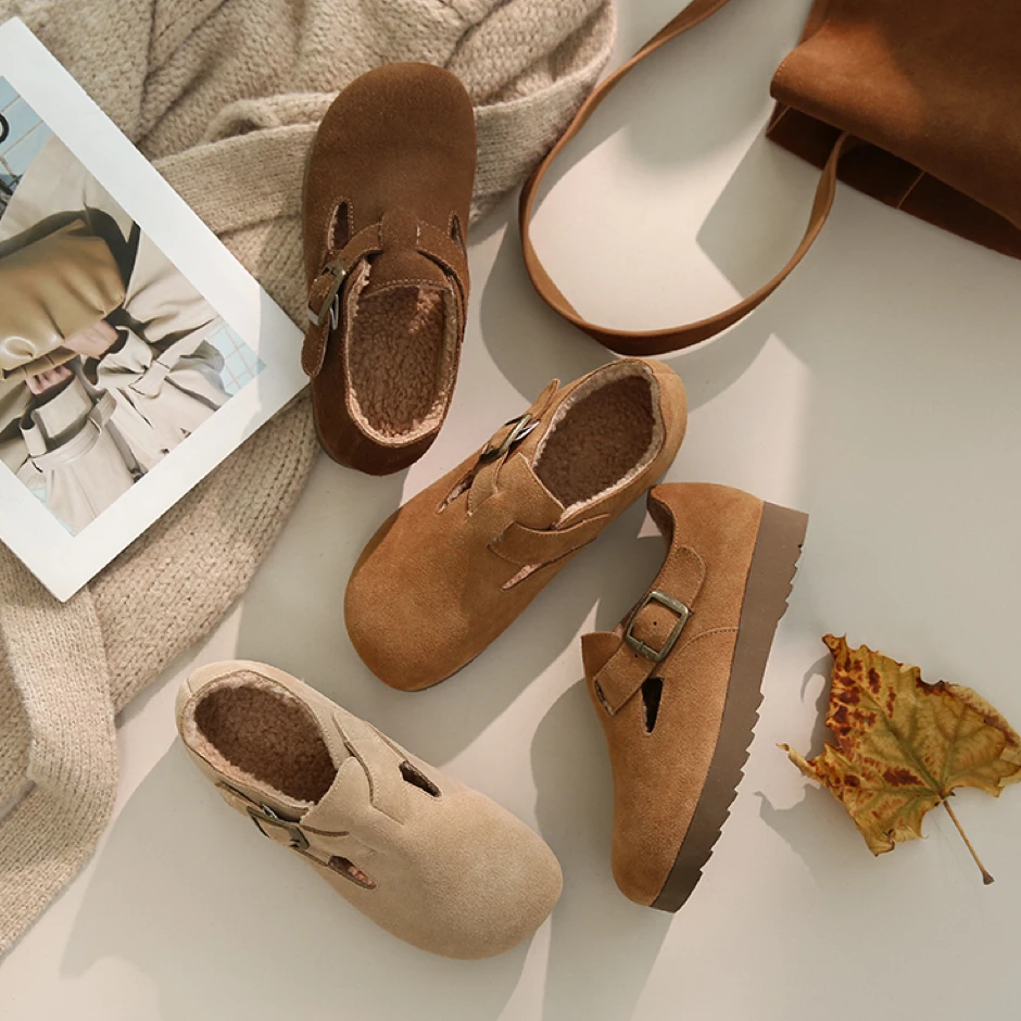 【h】2024新款秋冬加绒勃肯鞋女一脚蹬豆豆鞋女百搭软底真皮圆头