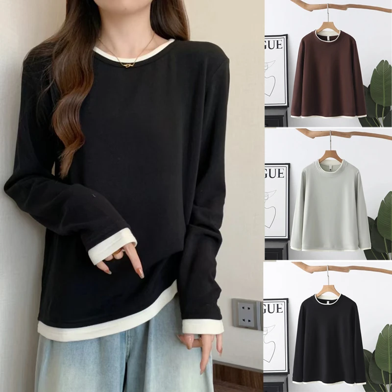秋冬大码女装时尚撞色长袖加绒打底T恤胖MM显瘦休闲宽松上衣简约