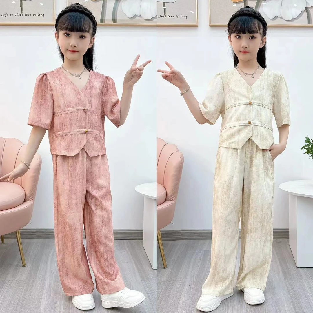 （120-170）2024女童夏季洋气文艺复古气质小衫宽松阔腿直筒裤套装
