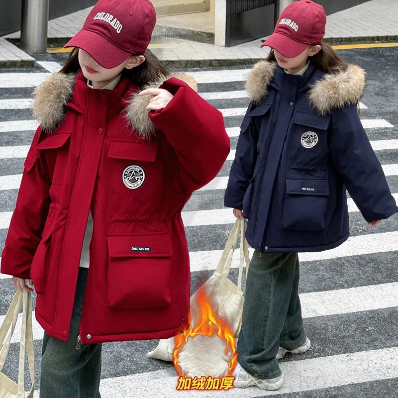 女童加绒加厚派克服冬装2024新款儿童保暖外套中大童冬季毛领棉衣