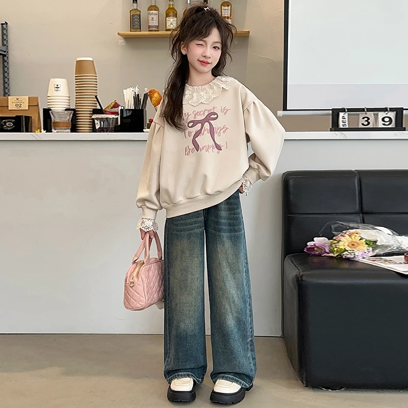 女童秋装卫衣套装2024新款儿童洋气时髦春秋款大童韩版休闲牛仔裤