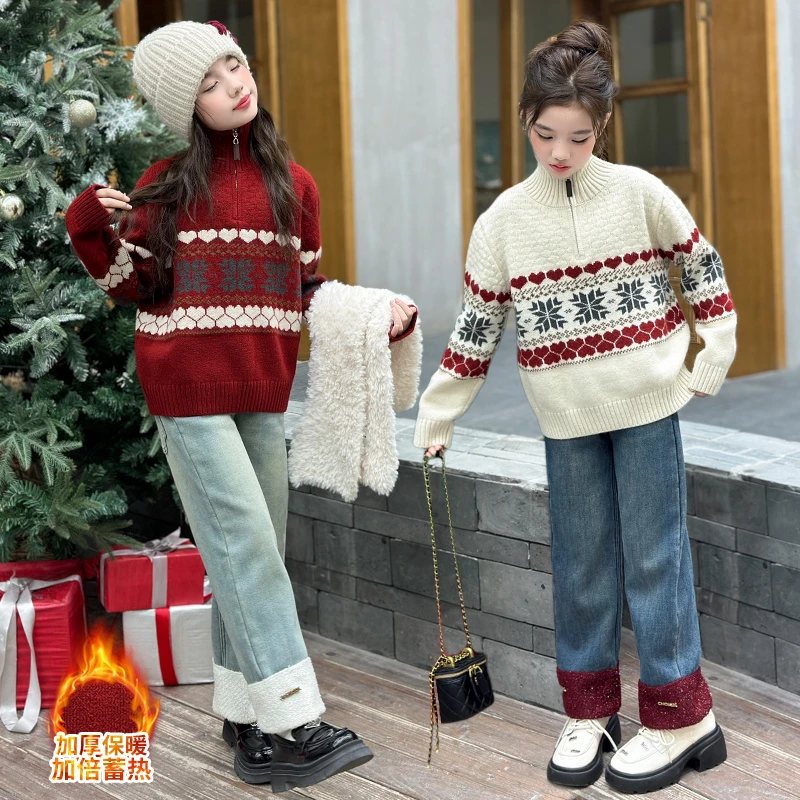 女童红色毛衣儿童韩版洋气加厚半拉链针织衫新年服加绒打底衫冬装