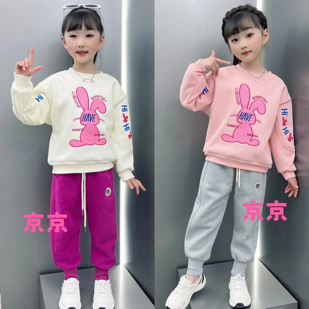 （110-160)女童春秋新款圆领绣花卫衣洋气休闲百搭宽松套装卡通
