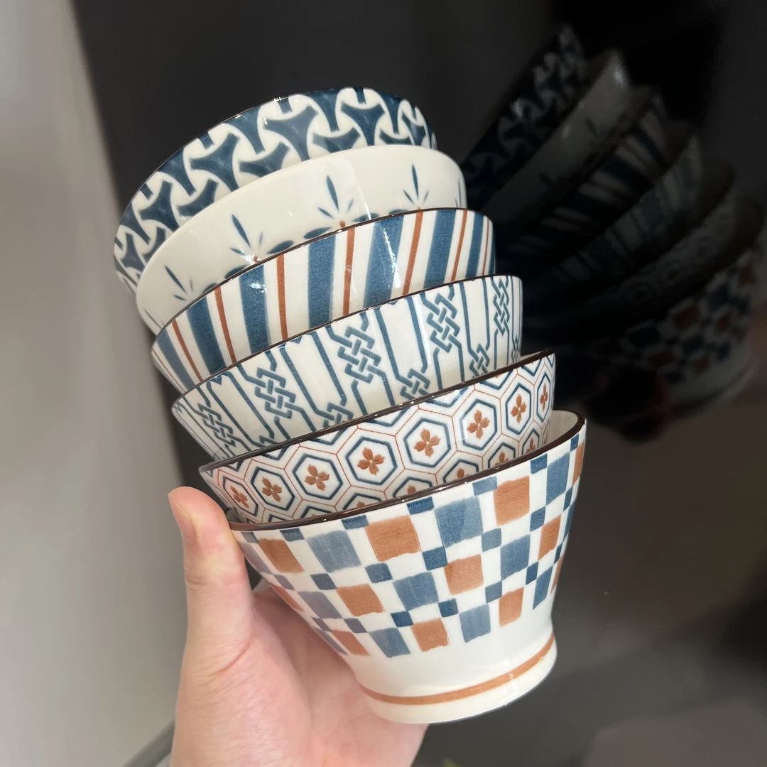 六个装 5英寸格调斗笠碗 家用陶瓷釉下彩米饭碗 高脚 酸奶碗复古