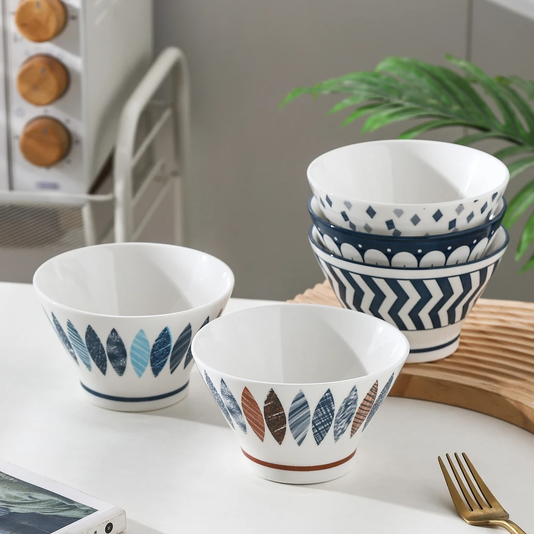 和风简约5英寸斗笠碗五个装 家用陶瓷釉下彩米饭碗吃饭碗（12.5cm）