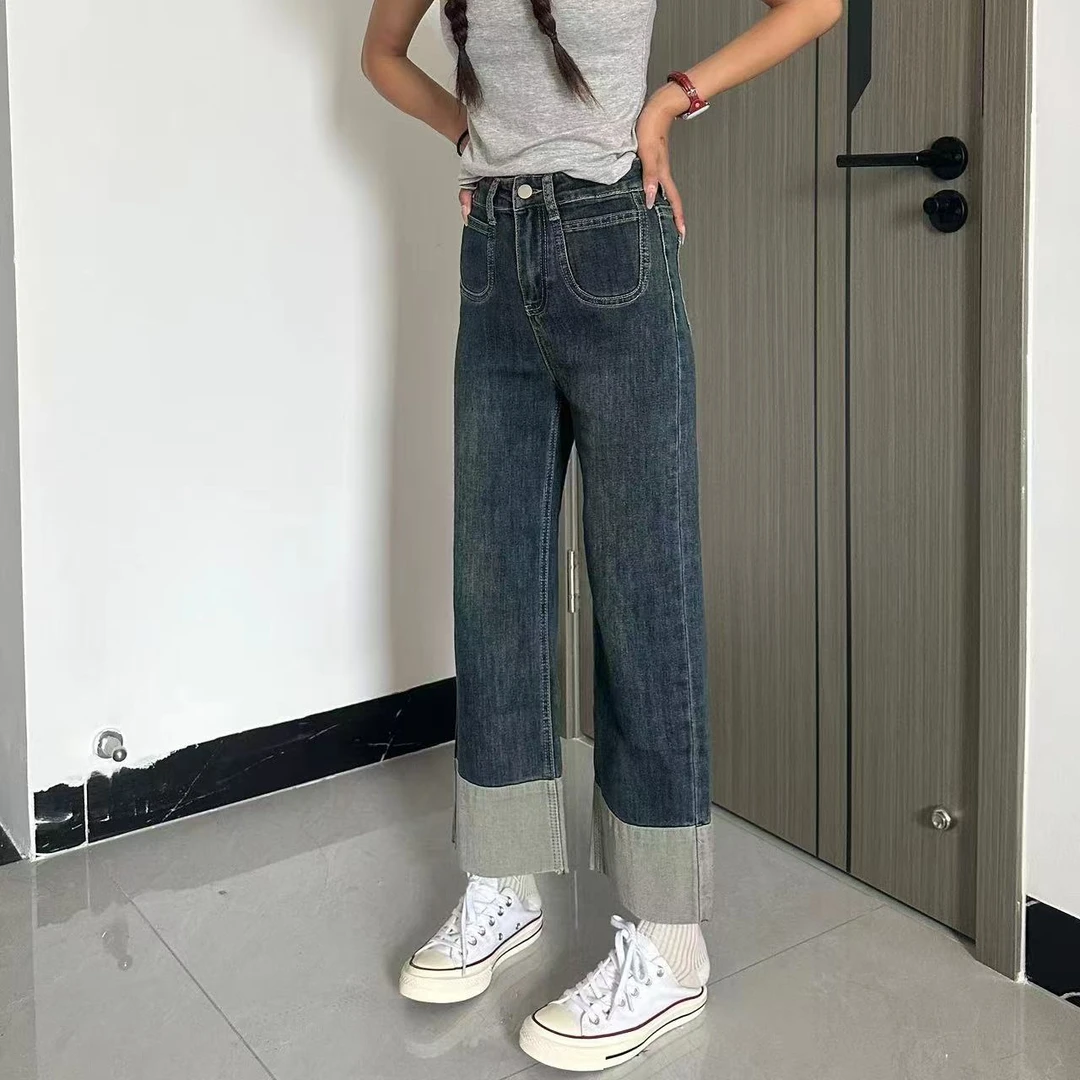 牛仔裤高腰显瘦休闲直筒百搭时尚复古宽松韩版水洗翻边女牛仔裤55