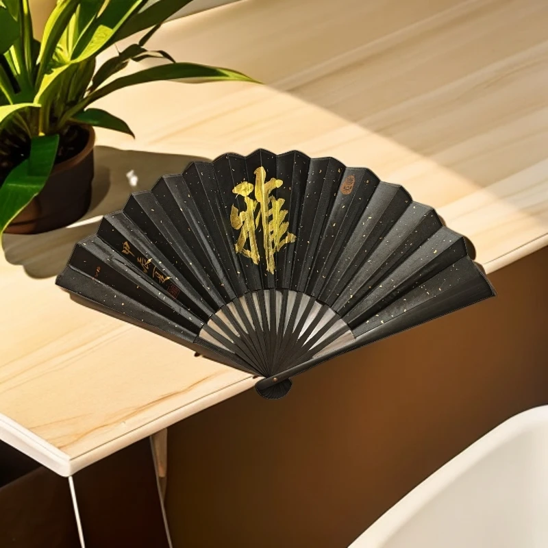 国潮书法折扇定制，黑色洒金绢布10寸15方，雅，拍照打卡男生女生