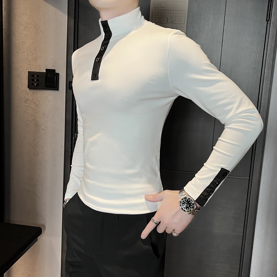 潮流修身亨利领长袖t恤男春秋季2025新款高级感立领纯色打底衫男