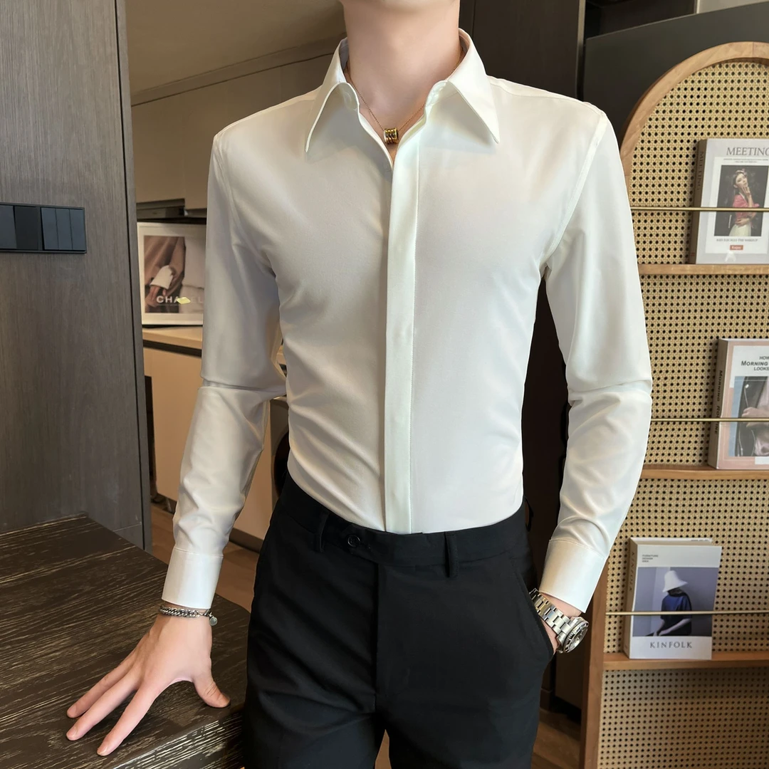 秋季高级感纯色衬衫男长袖男装2025新款潮流痞帅男士商务休闲衬衣