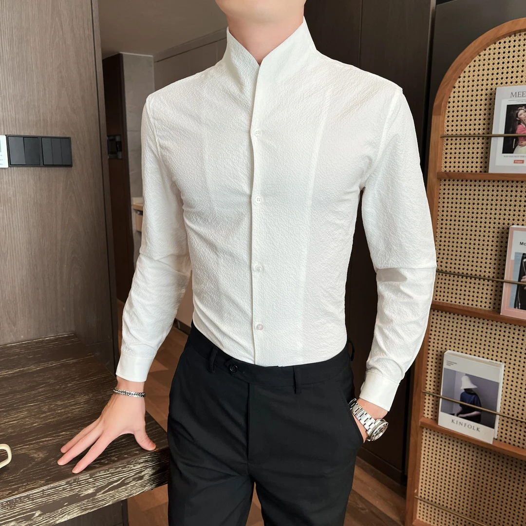 高级感中山领衬衫男长袖潮牌春秋新款新中式男装立领休闲痞帅衬衣