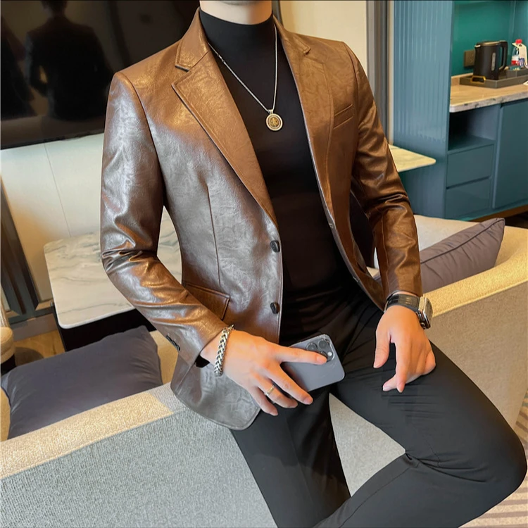 潮流修身皮西装外套男士秋冬款新款高级感痞帅休闲西服男装上衣潮