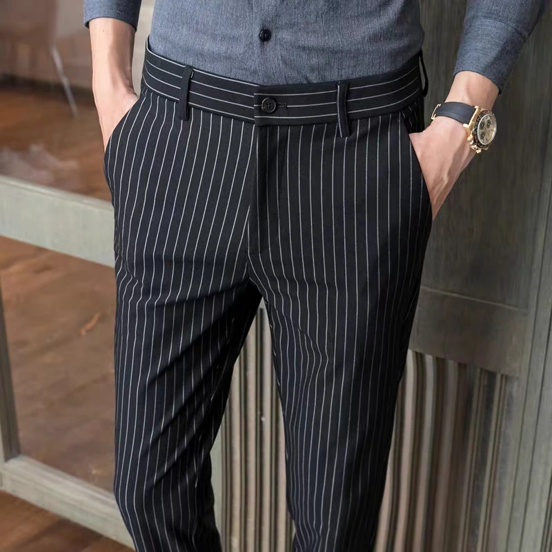 竖条纹休闲裤男士春秋款商务修身长裤弹力休闲西裤潮流九分西装裤
