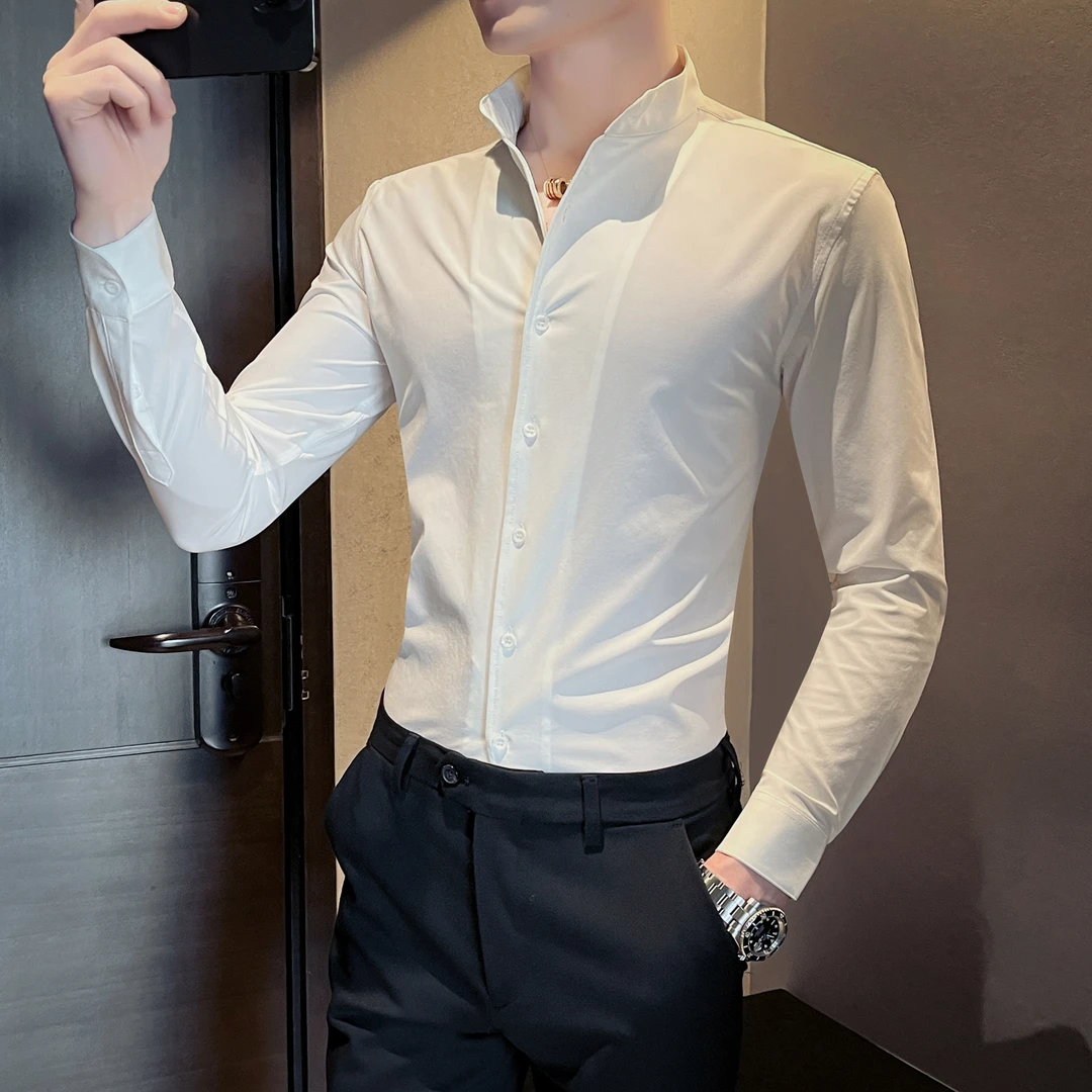 中式立领衬衫男士长袖春夏款高级感韩版潮流商务休闲修身痞帅衬衣